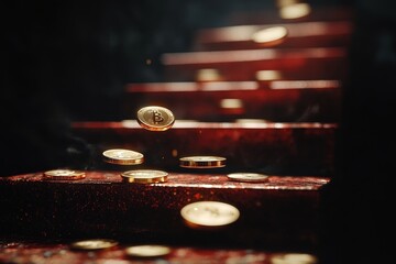 Obraz premium Golden Stairway to Success: A mesmerizing photo of a golden coin rising on a stairway of success, symbolizing the journey to prosperity. 