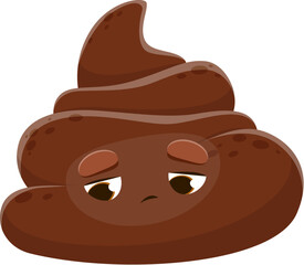 Cartoon poop emoji and poo emoticon with sad face expression, vector character. Cartoon poop with upset unhappy dull face for smile emoji or emoticon sticker of comic toilet excrement or cute poo