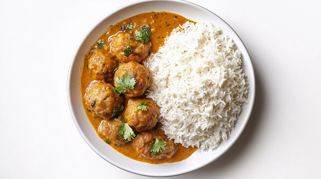 rice with kadhi pakora in plate isolated on white background 