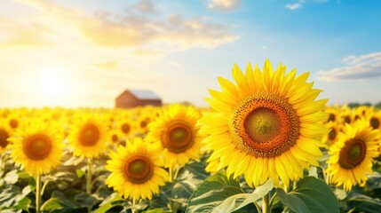 Fototapeta premium Golden sunflowers basking blue skies on sunny day
