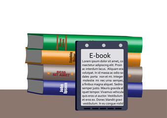Ebook reader vs paper books. Vector illustration.