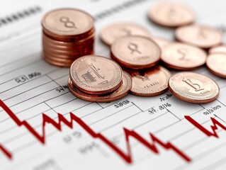 Plunging Profits: A stark depiction of economic downturn, with stacks of coins dwarfed by a plummeting red graph, symbolizing financial loss and market volatility.