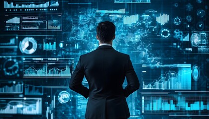 Businessman Analyzing Data on a Wall of Screens