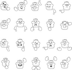 Emotions. Cartoon faces. Funny facial expressions, caricature emotions. Cute character with different expressive eyes and mouth