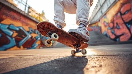 Skateboarder performing a trick in an urban skatepark with graffiti