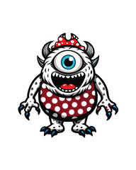 Design a monstrous creature with one eye, a big toothy grin, and a red polka dot swimsuit.