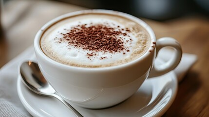 Close-up of a cappuccino cup with thick, frothy foam and a dusting of cocoa powder on top. The cup is placed on a saucer with a silver spoon beside it.