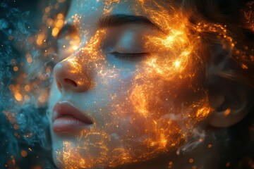 ethereal portrait of a person with luminous skin eyes closed surrounded by swirling tendrils of colorful light evoking a sense of inner peace and transformation