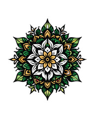 Design an intricate mandala incorporating natural elements like leaves, flowers and vines.