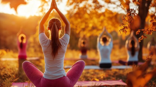 Group of yoga class in a park with autumn leaves, serene and tranquil atmosphere.