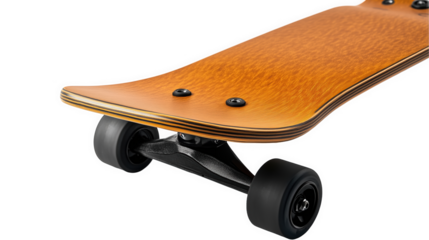 Skateboard focusing on natural wood grain and classic black wheels, transparent background, png image