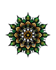 Design an intricate mandala incorporating natural elements like leaves, flowers, and vines, with a focus on geometric patterns and vibrant colors.