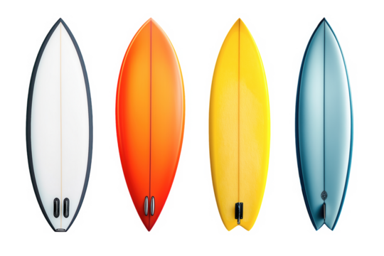 Colorful surfboards arranged in a row against a transparent background, transparent background, png image