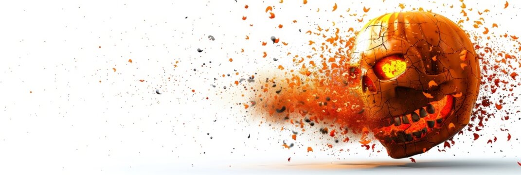 Exploding Halloween pumpkin on a white background with flying debris, spooky conceptual background.