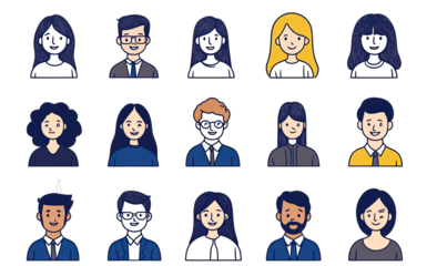 Character Avatar Illustrations Featuring Office Workers, With Various Skin Tones and Hair Colors. Isolated on a Transparent Background. Cutout PNG.