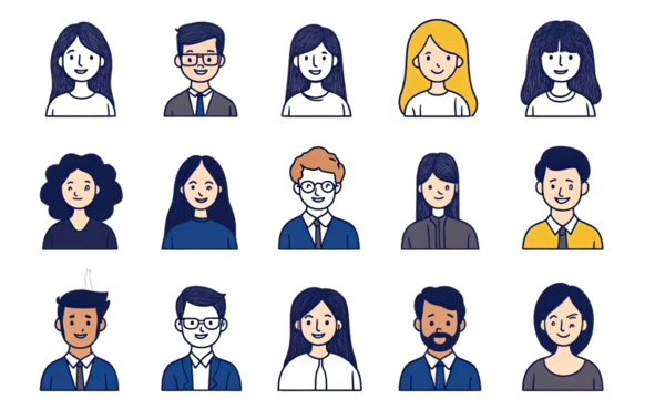 Character Avatar Illustrations Featuring Office Workers, With Various Skin Tones and Hair Colors. Isolated on a Transparent Background. Cutout PNG.