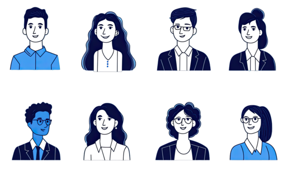 Character Avatar Illustrations Featuring Office Workers, With Various Skin Tones and Hair Colors. Isolated on a Transparent Background. Cutout PNG.