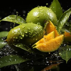 mango food green fresh water slice healthy juicy tropical isolated vitamin splash
