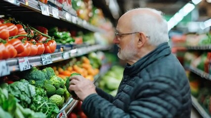 Elderly man shopping for fresh vegetables in a grocery store, examining produce on the shelf, wearing glasses and a jacket. - Powered by Adobe