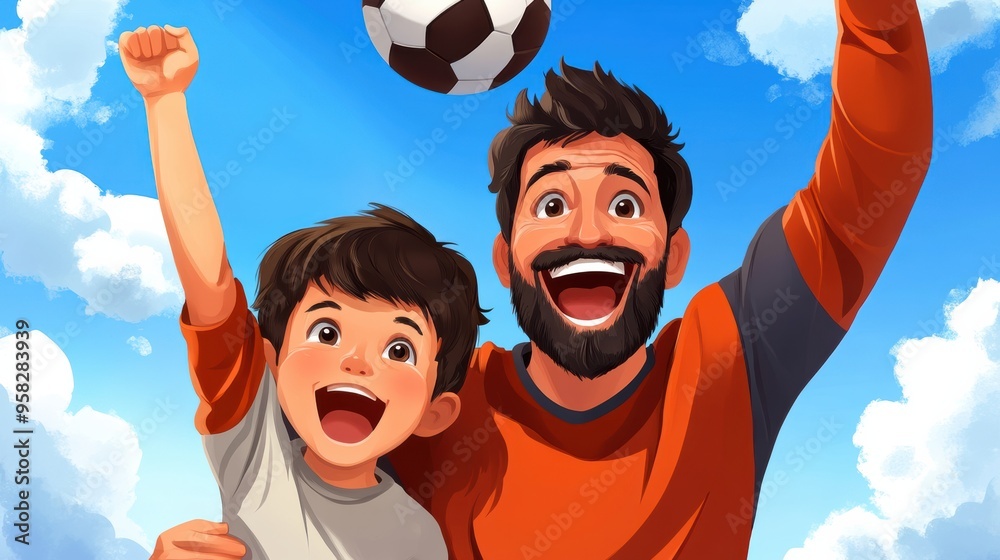 Poster a man and boy playing with a soccer ball in the sky, ai