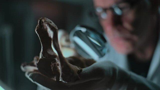 Senior archaeologist studies remains of prehistoric extinct animal or human using magnifying glass. Scientist works with fossils, does historical bone examination in archaeological laboratory at night