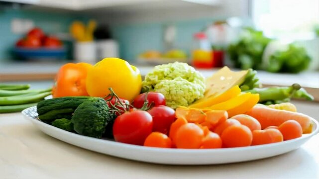 A vibrant assortment of fresh vegetables on a plate in a modern kitchen setting, including tomatoes, carrots, and bell peppers.