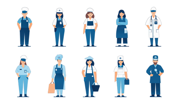 Chef, Police Officer, Farmer, Doctor, Baker, Painter, Mechanic, Teacher, Firefighter, Carpenter, Nurse, Artist. Isolated on a Transparent Background. Cutout PNG.