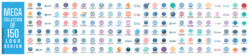 Wall mural mega collection of 150 global technology logo design vector illustration. can also be used for netwo