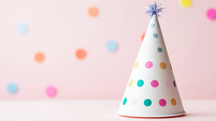 Birthday party hat on pastel pink background with confetti, copy space. Cute invitation mockup. Generative AI