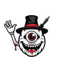 Design a one-eyed monster with a blood-streaked grin, wearing a top hat with a red band and a sharp object piercing its head.