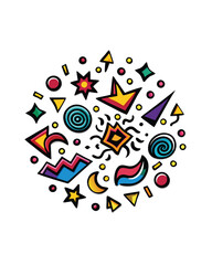 Design a playful abstract pattern with various shapes and bright colors.