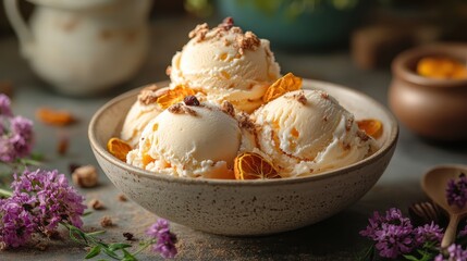 Delicious ice cream scoops topped with nuts and crispy treats, served in a rustic bowl surrounded by vibrant flowers.