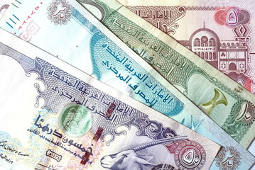 Close up Dirhams currency with new design Notes, AED, Bank notes and coins, United Arab Emirates