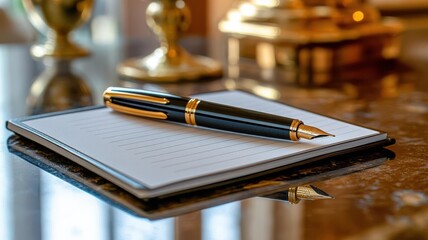 Elegant pen and notepad on reception desk, close-up, high-end hotel service