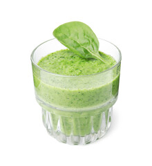 Tasty green smoothie and spinach leaf in glass isolated on white