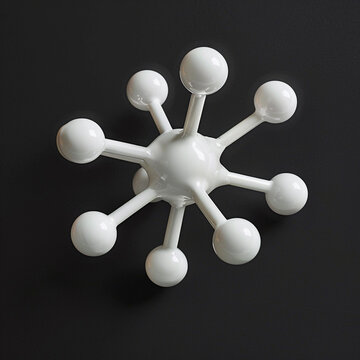 a ball and stick model of one zwitterionic form of creatine, made of white clay. Floating against a completely black background.