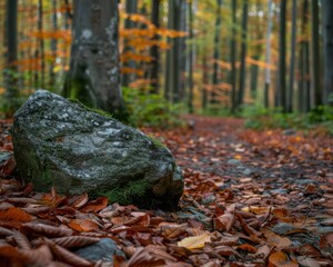 Fototapeta premium Forest scene with a rock in focus and leaves blurred, conveying depth and a serene atmosphere