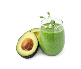 Tasty green smoothie in glass and avocado isolated on white