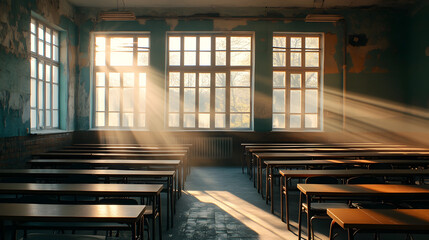 Obraz premium A classroom with rows of empty desks, sunlight streaming in through the windows.