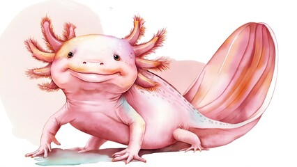 Watercolor Light Pink Axolotl: A Vibrant Illustration with Smooth Skin and Soft Pastel Hues Against a Gentle White and Pink Background