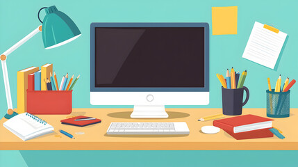 A desk with a computer and school supplies, ready for online learning.


