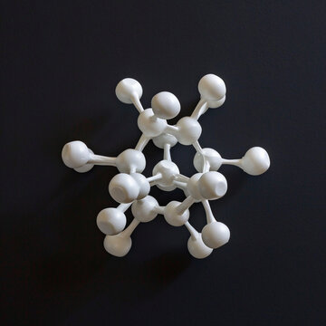 a ball and stick model of one zwitterionic form of creatine, made of white clay. Floating against a completely black background.