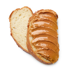 Tasty sandwich with peanut butter isolated on white, above view
