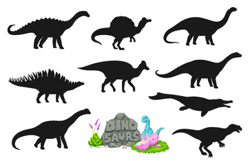 Dinosaur silhouettes, vector prehistoric animals with cartoon baby dino in eggshell and volcano rock. Jurassic giant dinosaurs and prehistoric reptiles set. Amygdalodon, lexovisaurus, oxalaia dinos