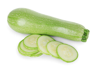 Fresh whole and cut zucchinis isolated on white, top view
