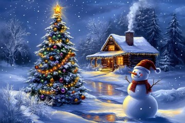 Enchanting winter night with festive christmas tree snowman