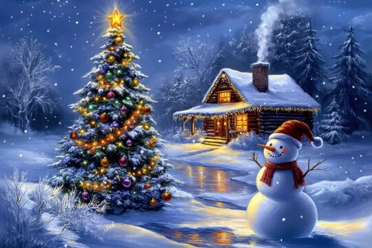Enchanting winter night with festive christmas tree snowman