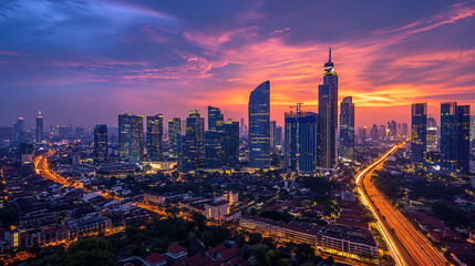 Fototapeta premium City skyline at dusk with vibrant sunset and illuminated streets