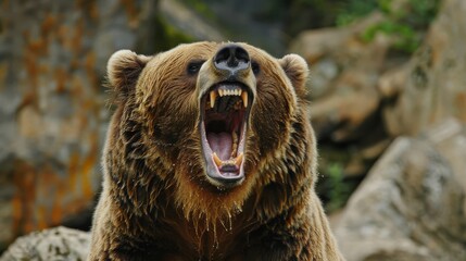 Grizzly Bear Roaring: Fierce Brown Carnivorous Animal in Nature