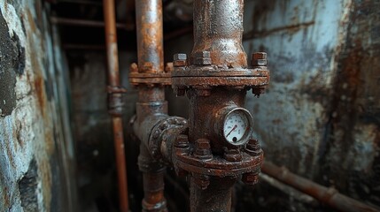 The complex network of pipes around a water meter in a basement, where ancient metal pipes meet modern, sleek piping, showing the evolution of utilities